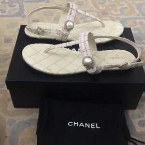 Chanel Classic Fabric Thong Sandals with Pearl.
